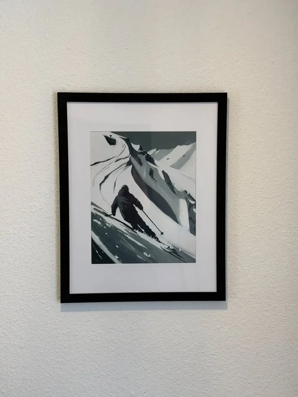 Framed Abstract B&W Skier Painting Print — Dynamic Snow Art
